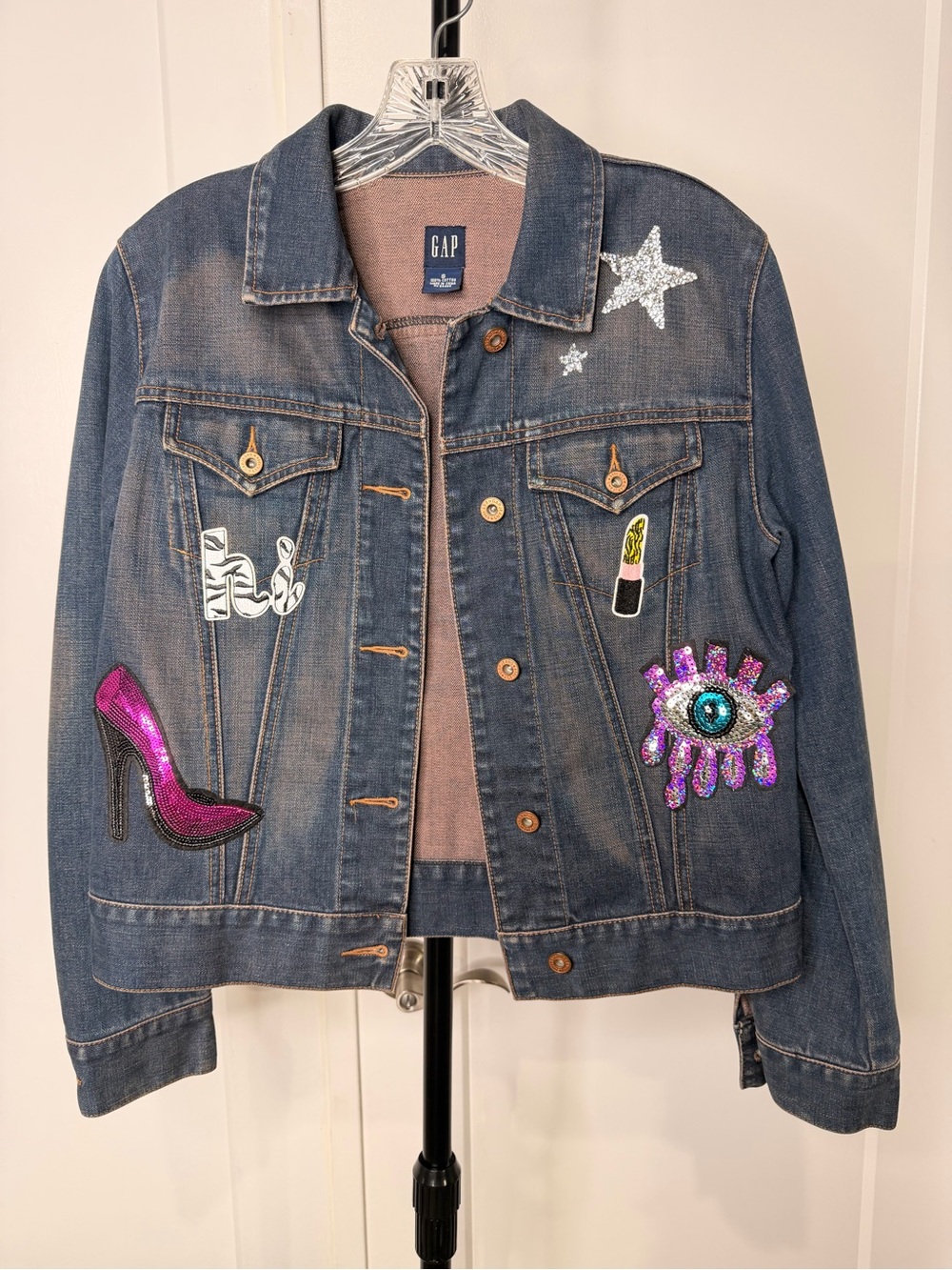 GAP Denim Jacket with Sequin Patches - Blue, Pink, Purple